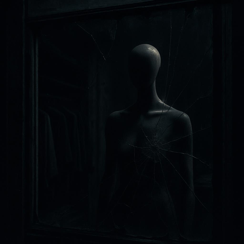 The image features a faceless mannequin dramatically backlit within old stairwell through broken glass while stark shadows...